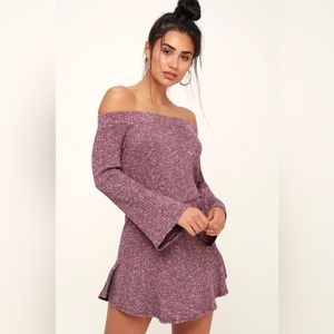 Lulus Wallace Burgundy Marled Off-the-Shoulder Long Sleeve Fit and Flare Dress